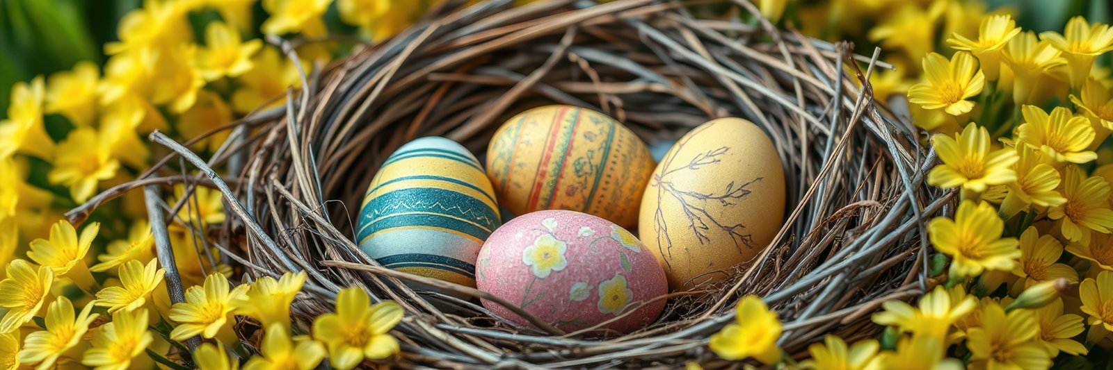 Colorful Easter eggs nestled in a decorative nest surrounded by bright yellow flowers in springtime